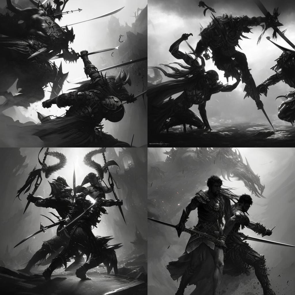Monochrome Warriors Fight Demons in Dark Fantasy Art