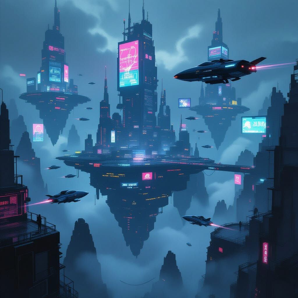 Cyberpunk City on Floating Islands in Neon Mist