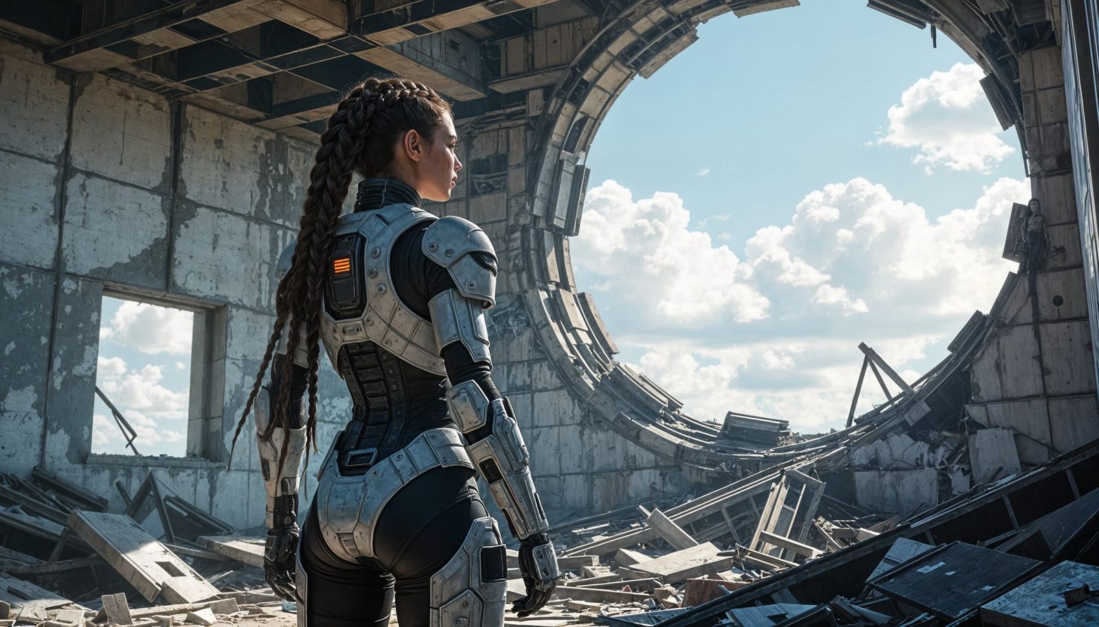 Cybernetic Warrior in Ruined City, Hyperrealistic HDR