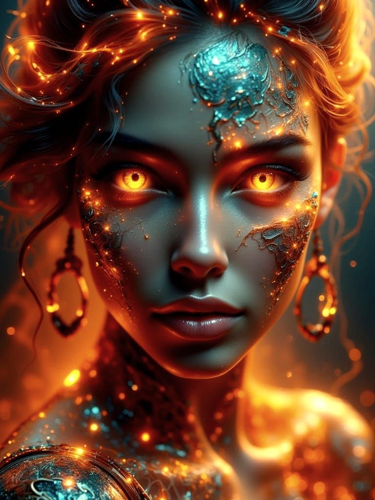 Woman in Colorful Futuristic Attire with Fiery Accents