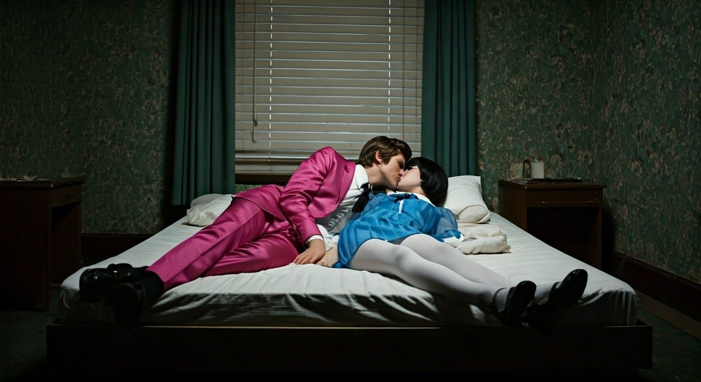 Tight Close-Up of Mod Lovers in a Dated Motel Room