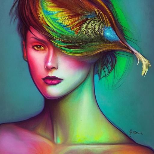 Peacock Feather Portrait in Splash Art Style