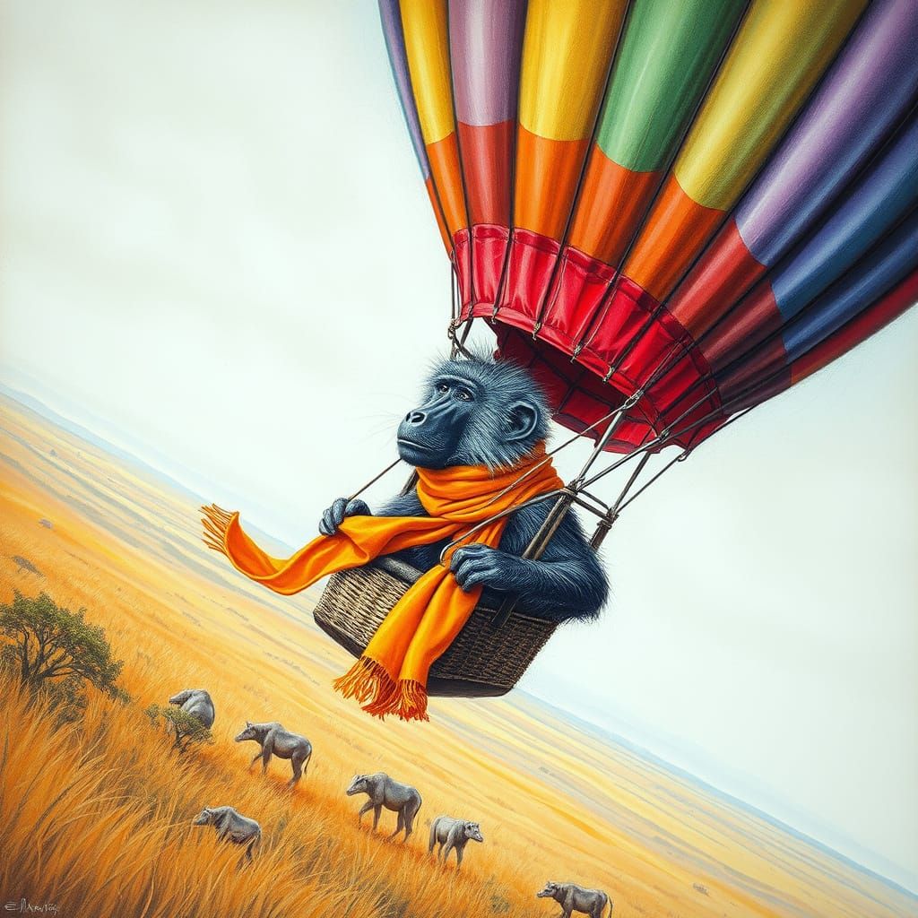 Baboon in Rainbow Balloon Over Savannah, Charcoal Drawing