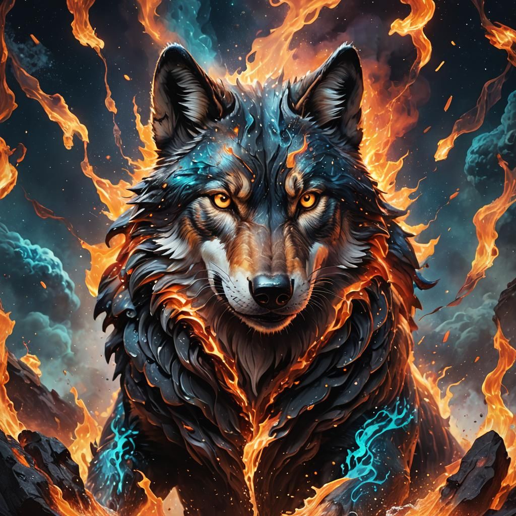 Electric Water Fire Lava Wolf in Space