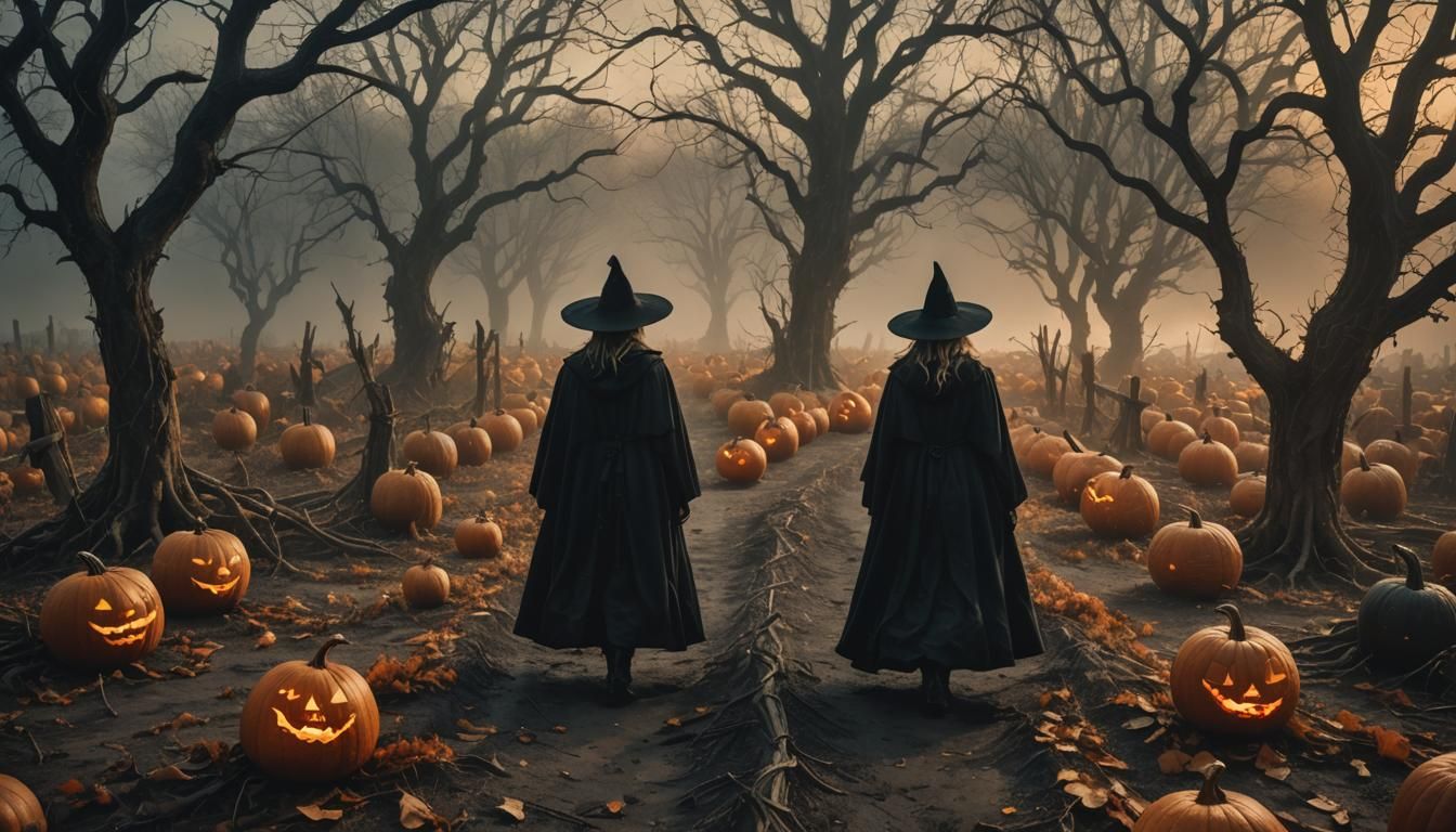 Ethereal Witch in Haunted Autumn Pumpkin Patch