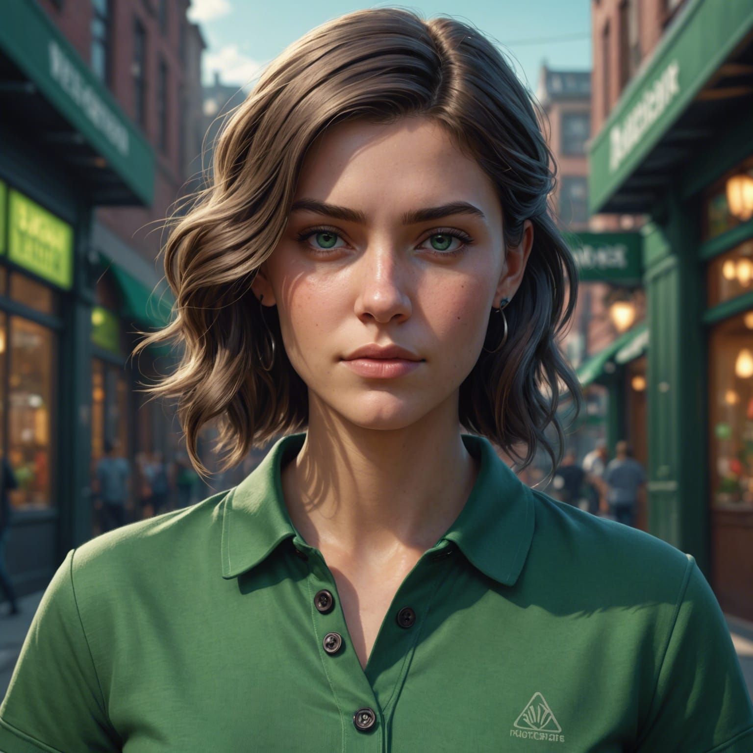 Detailed Portrait of Woman in Green Polo Shirt