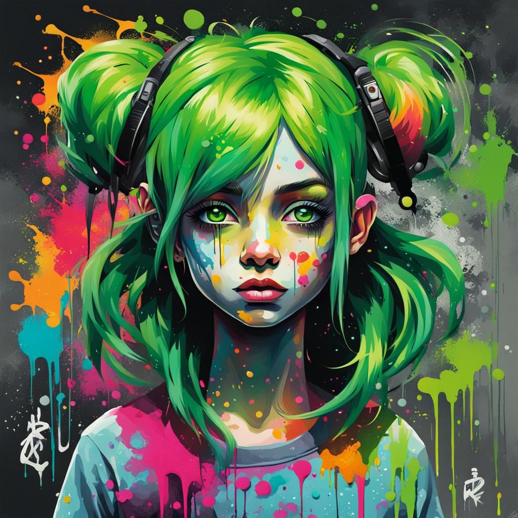 Colorful Green Hair Princess in Graffiti Art