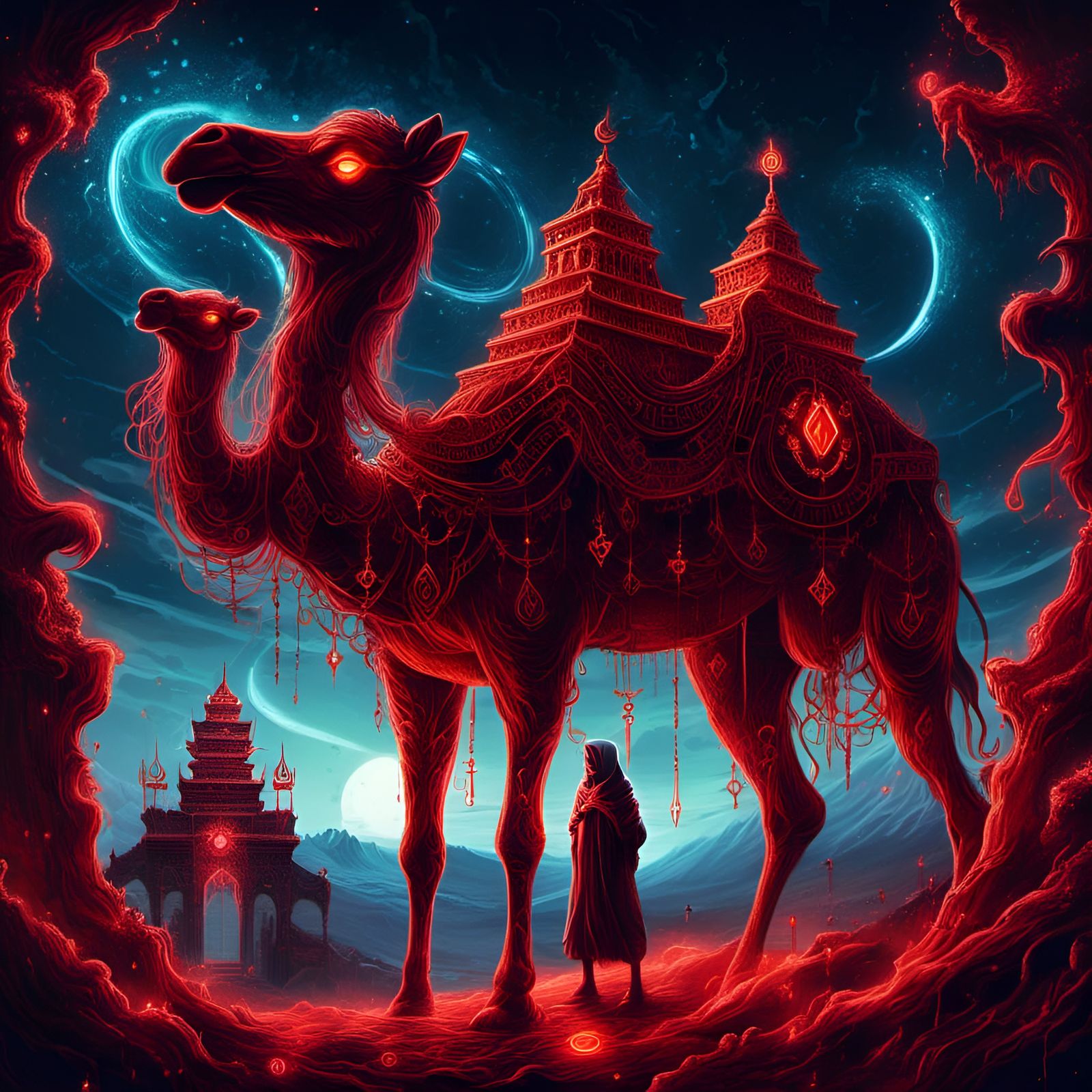Majestic Red Rune Camel in Dark Fantasy Style