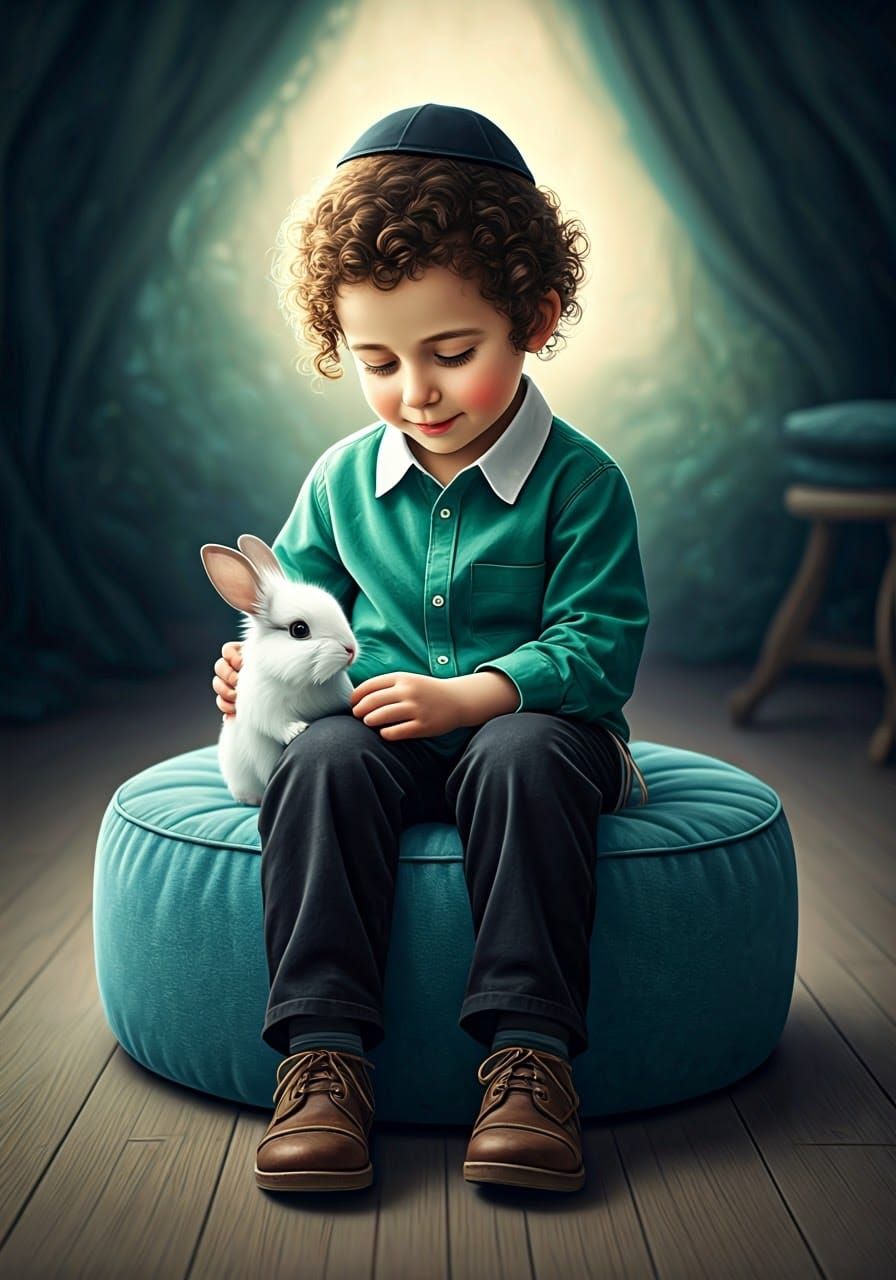 Whimsical Ultra-Orthodox Boy in Serene Pastel Hued Room