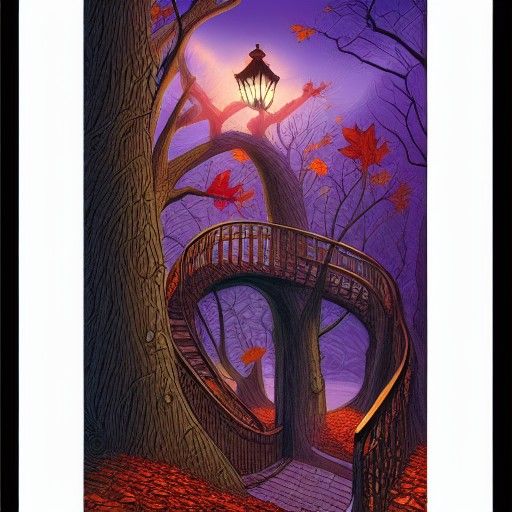 Autumn Stairway in Comic Book Art Style