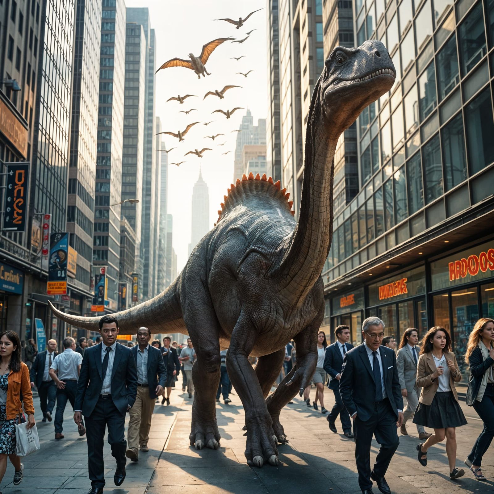 Dinosaurs Roam Modern Metropolis: A Photographic Scene