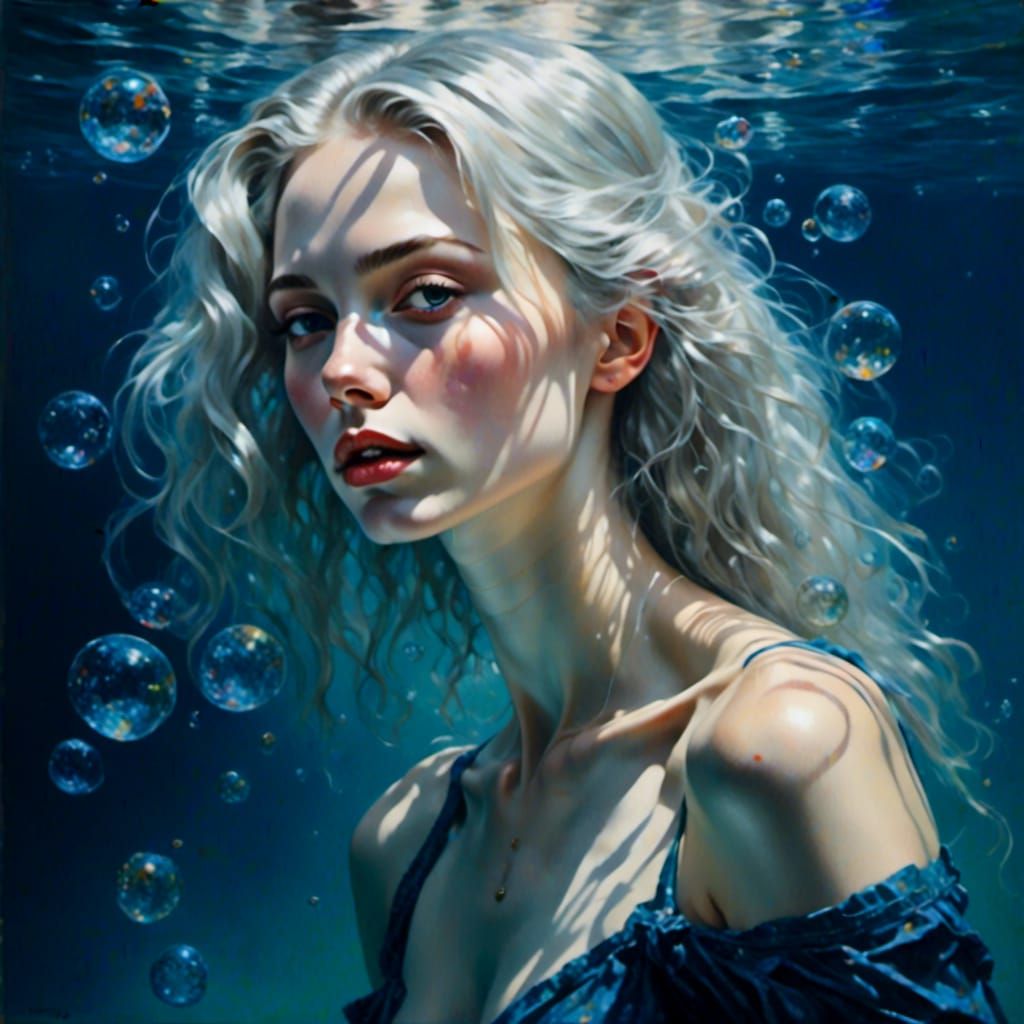 Underwater Portrait of White-Haired Woman