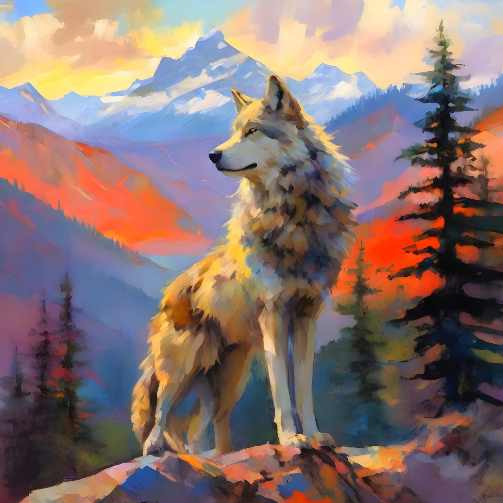 Majestic Wolf Overlooking Painterly Landscape