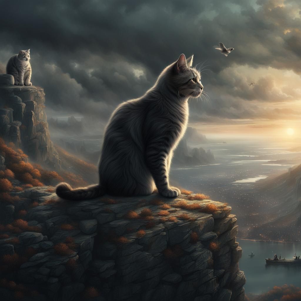 Sad Cat on Cliff in Dramatic Digital Painting