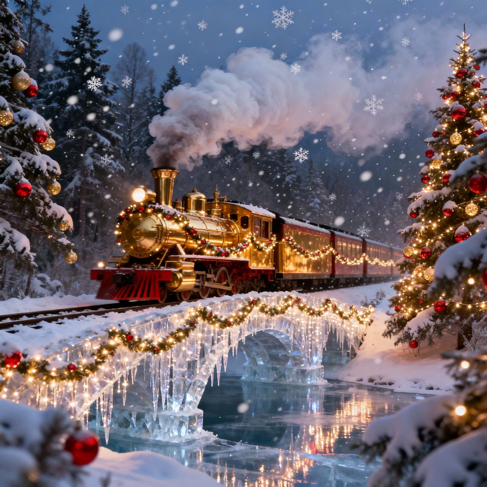 Golden Steam Train in Snowy Forest Twilight