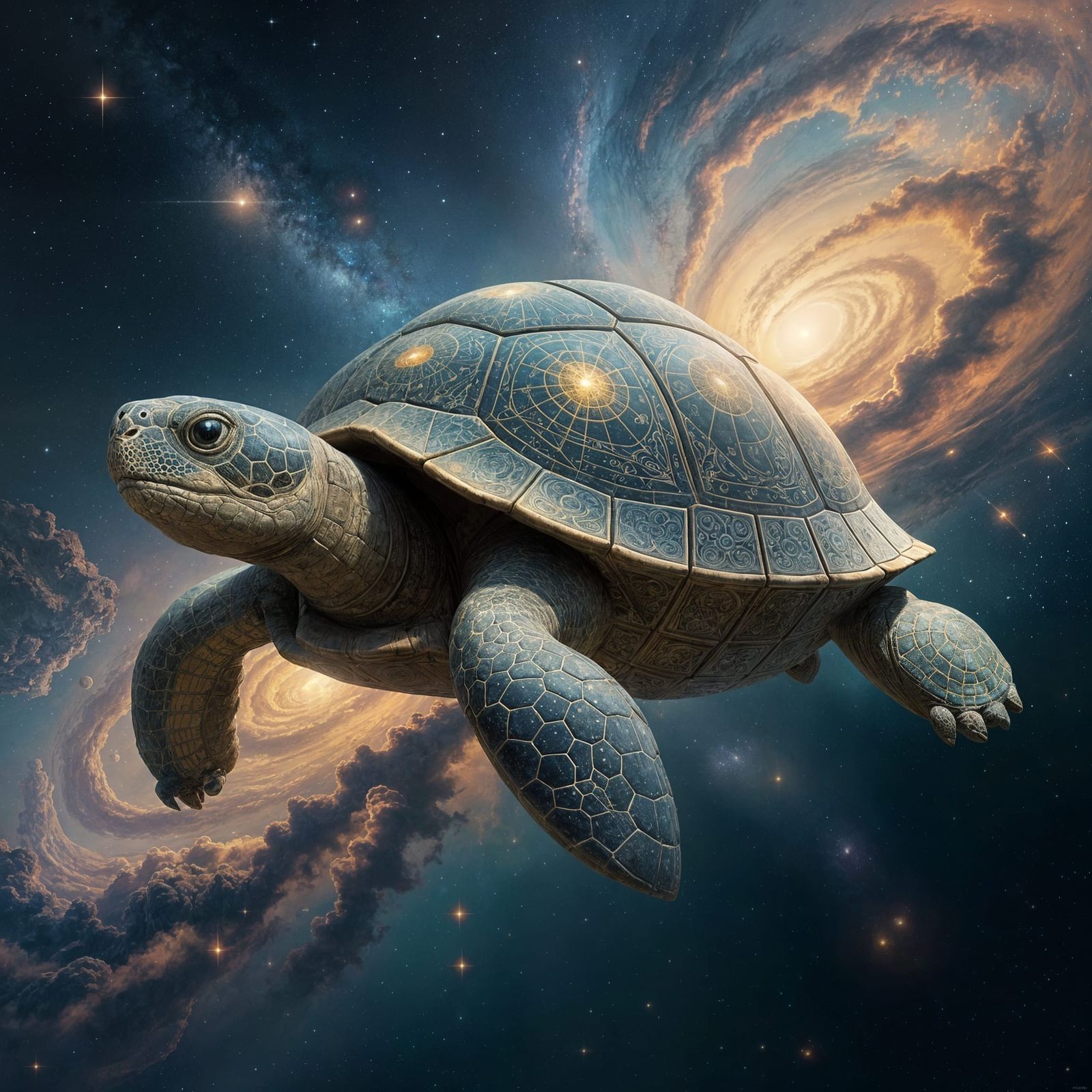 Colossal Stone Turtle Drifts Through Cosmic Nebula in Escher...
