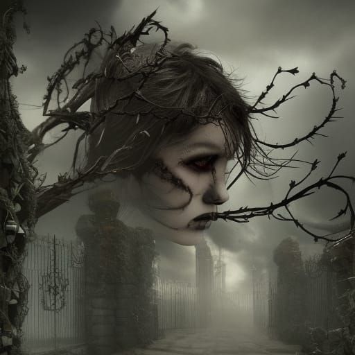 Blackthorn and black roses and barbwire and vampire skull