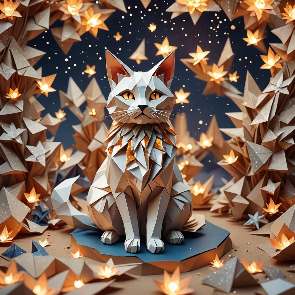 Origami Cat Papercraft with Crystals and Fire