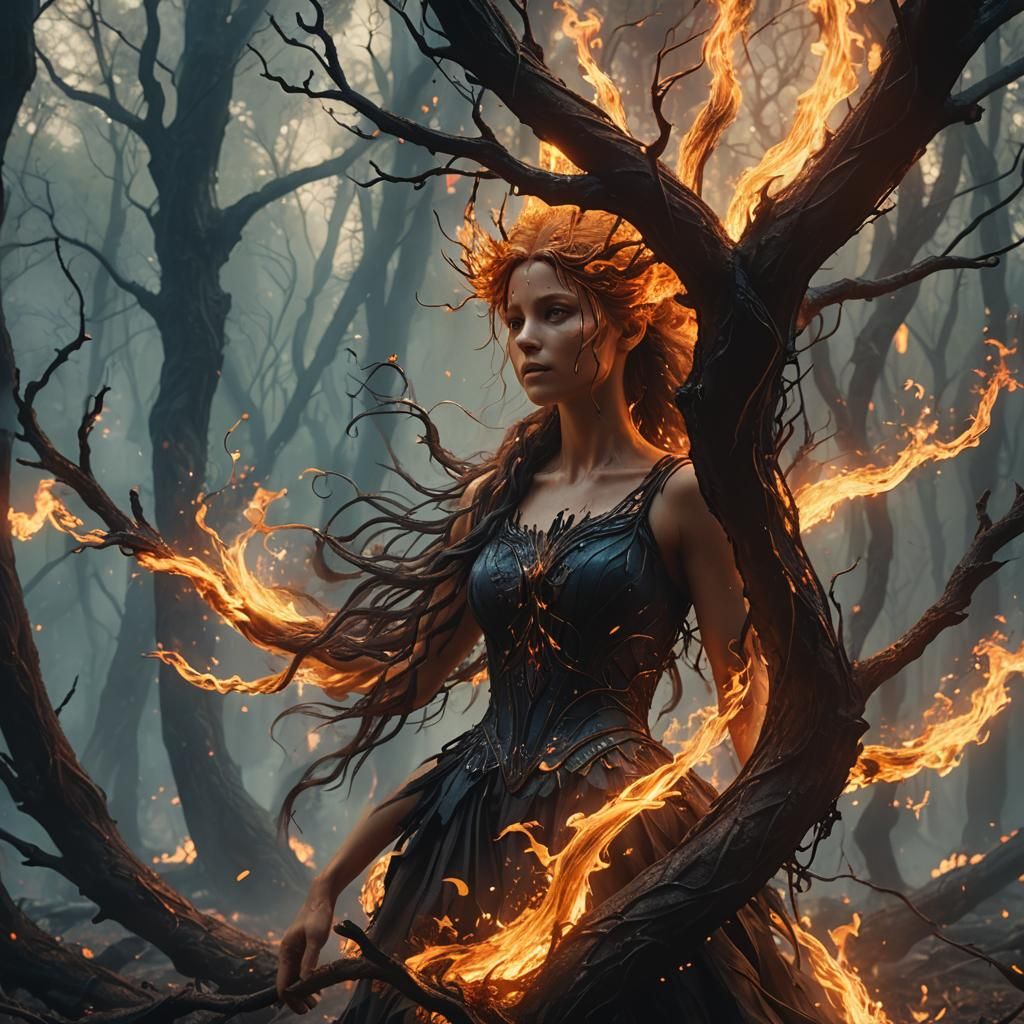 Fiery Fairy in Mystical Forest: Digital Matte Painting