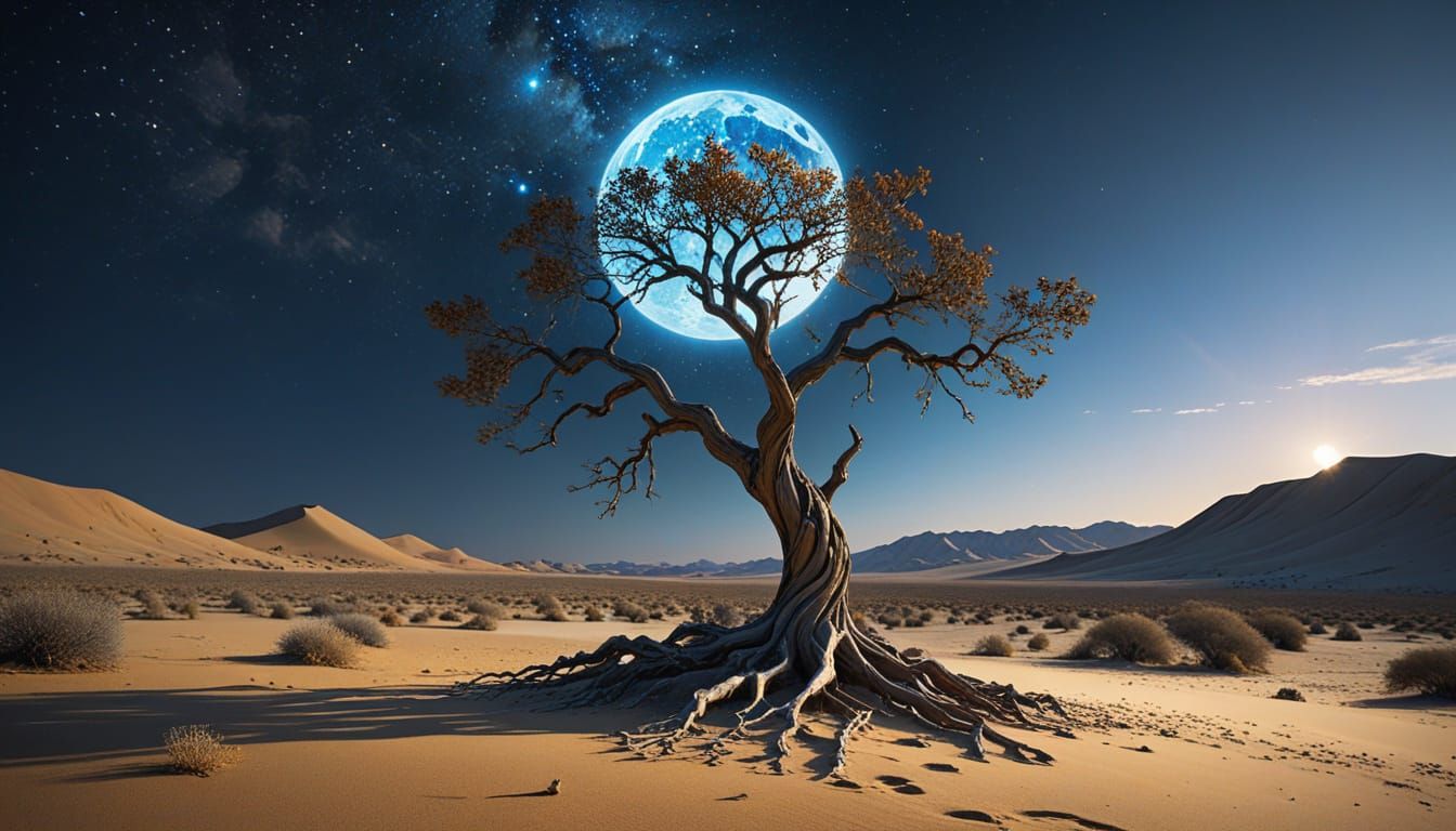 Silver Tree in Surreal Desert Under Starry Sky