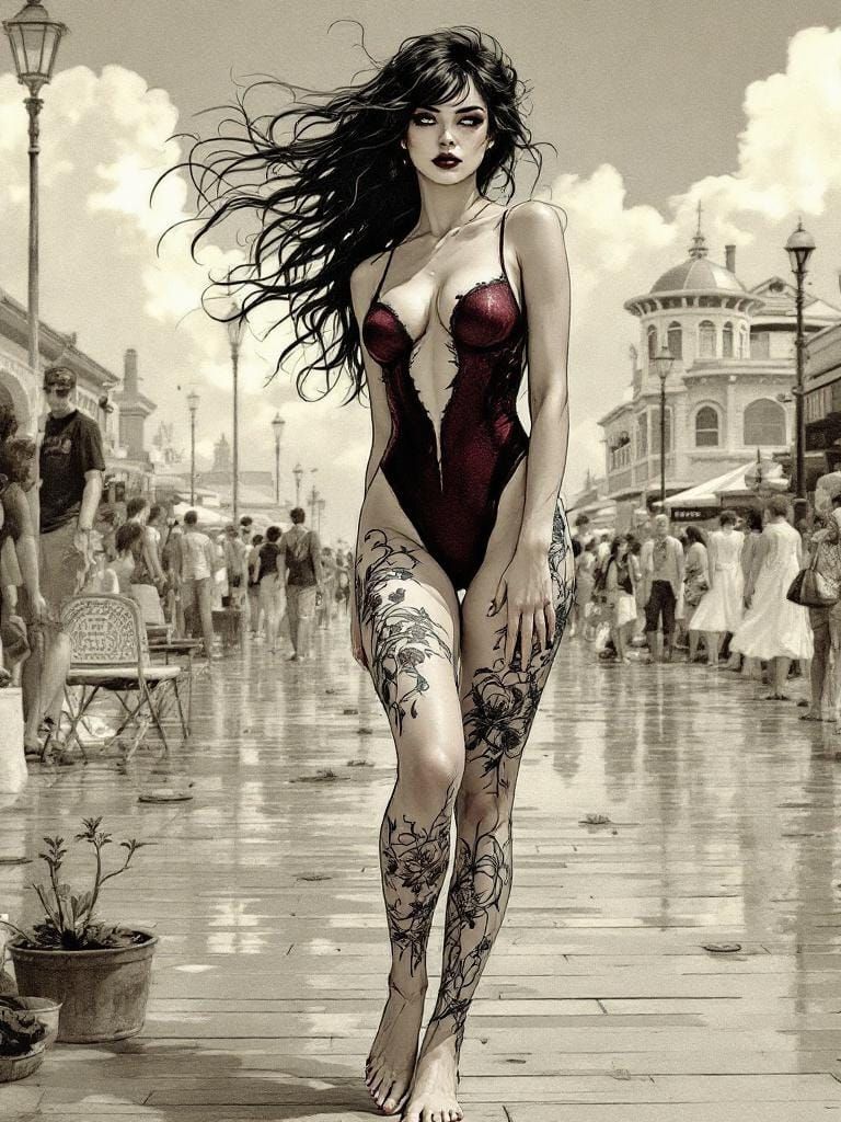 Pin-Up Tattoo Art in Art Nouveau Gothic Style