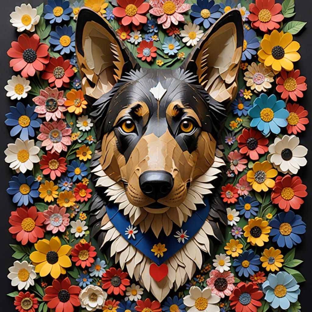 German Shepherd Puppy Portrait in Recycled Art