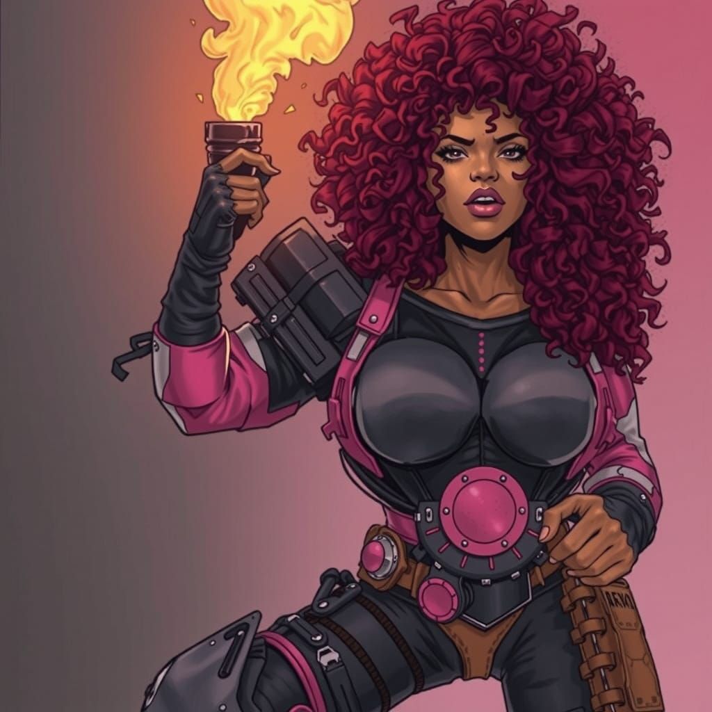 Woman in Power Armor with Burning Match, Comic Book Art