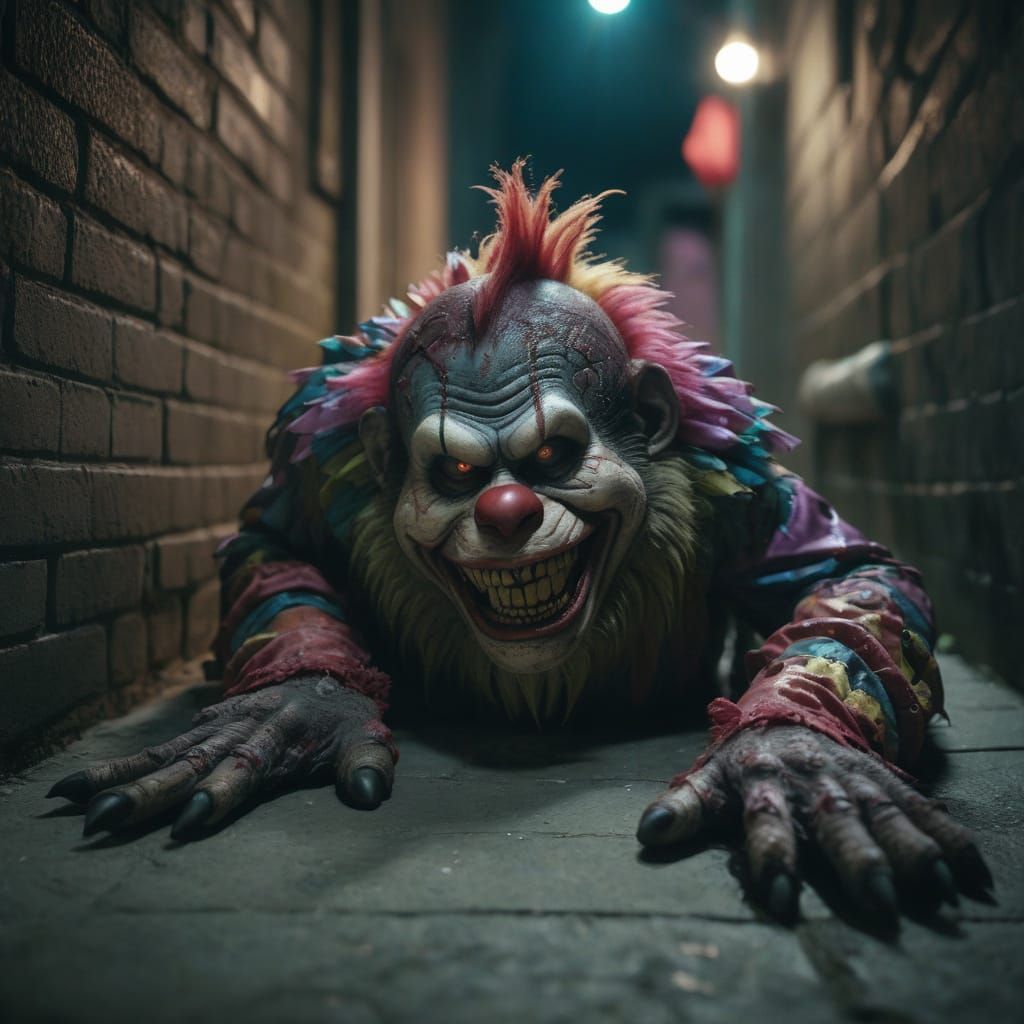 Cinematic Zombie Monkey Monster Clown in Film Noir Alleyway