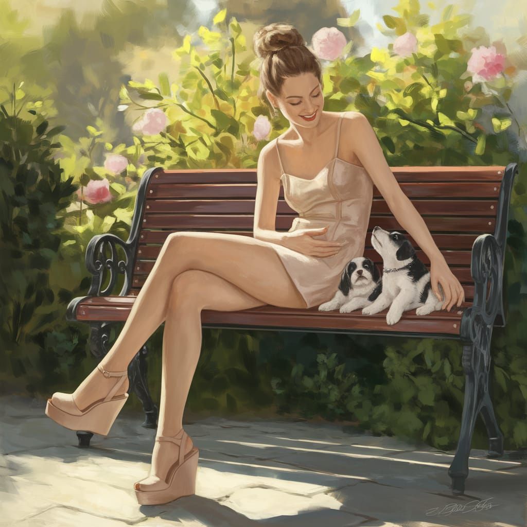 Gouache Artwork of Elegant European Woman in Serene Garden