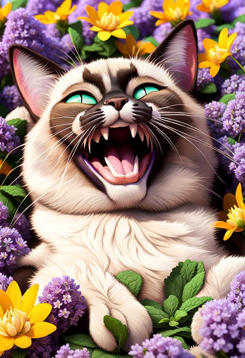 Joyful Siamese Cat in Catnip, 3D Digital Art