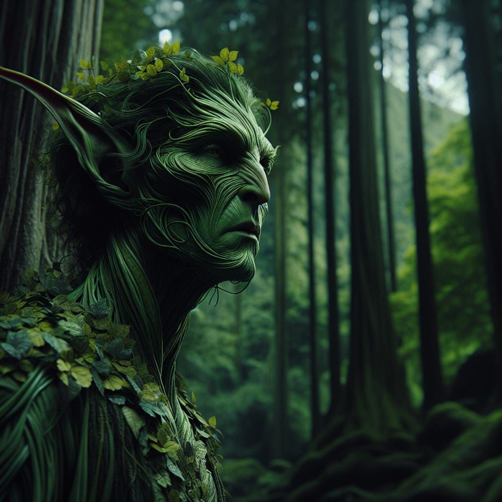 Green Elf Portrait in Lush Forest, Hyperrealistic Style
