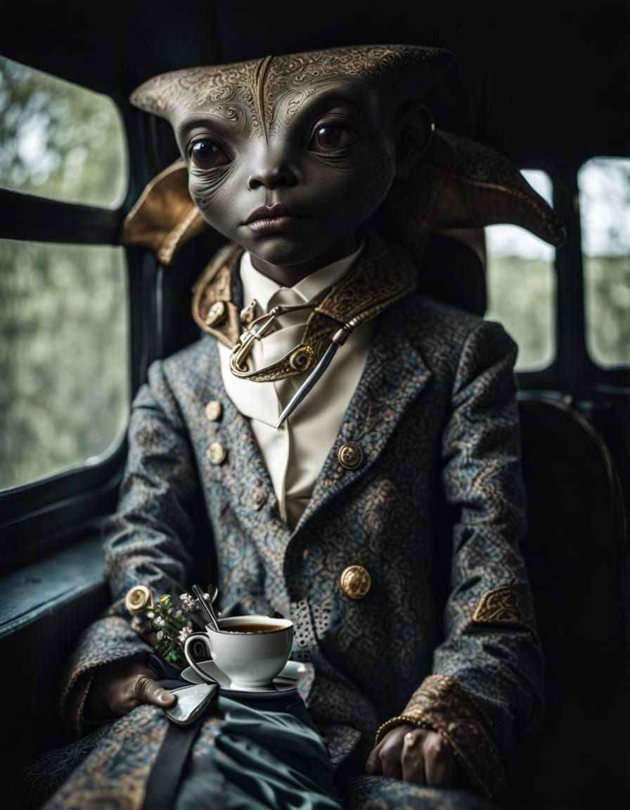 Surreal Restaurant Scene with Beautiful Aliens in Contre-Jou...