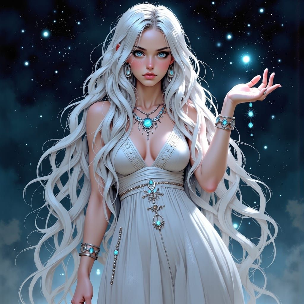 Ethereal Woman Summoning Stardust in Starry Night