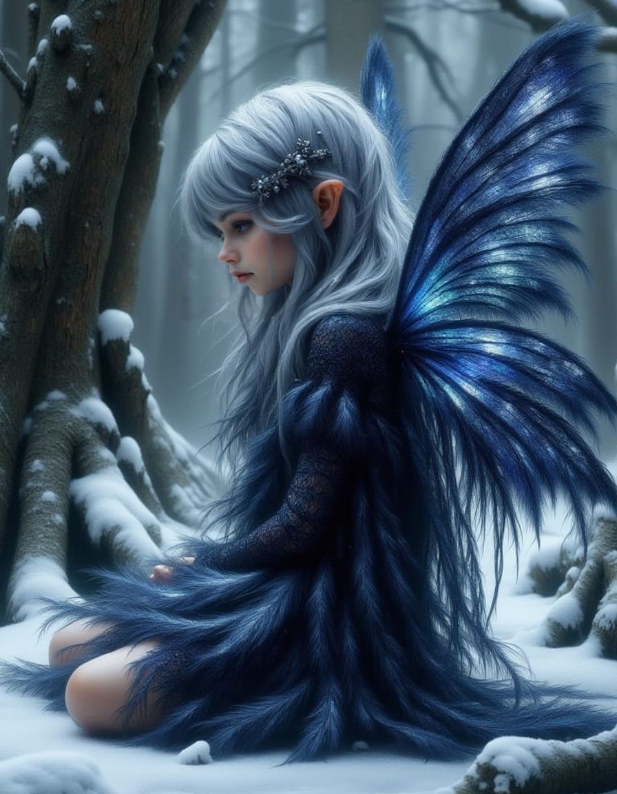 Moonlit Elf Child in Snowy Forest, Art Nouveau
