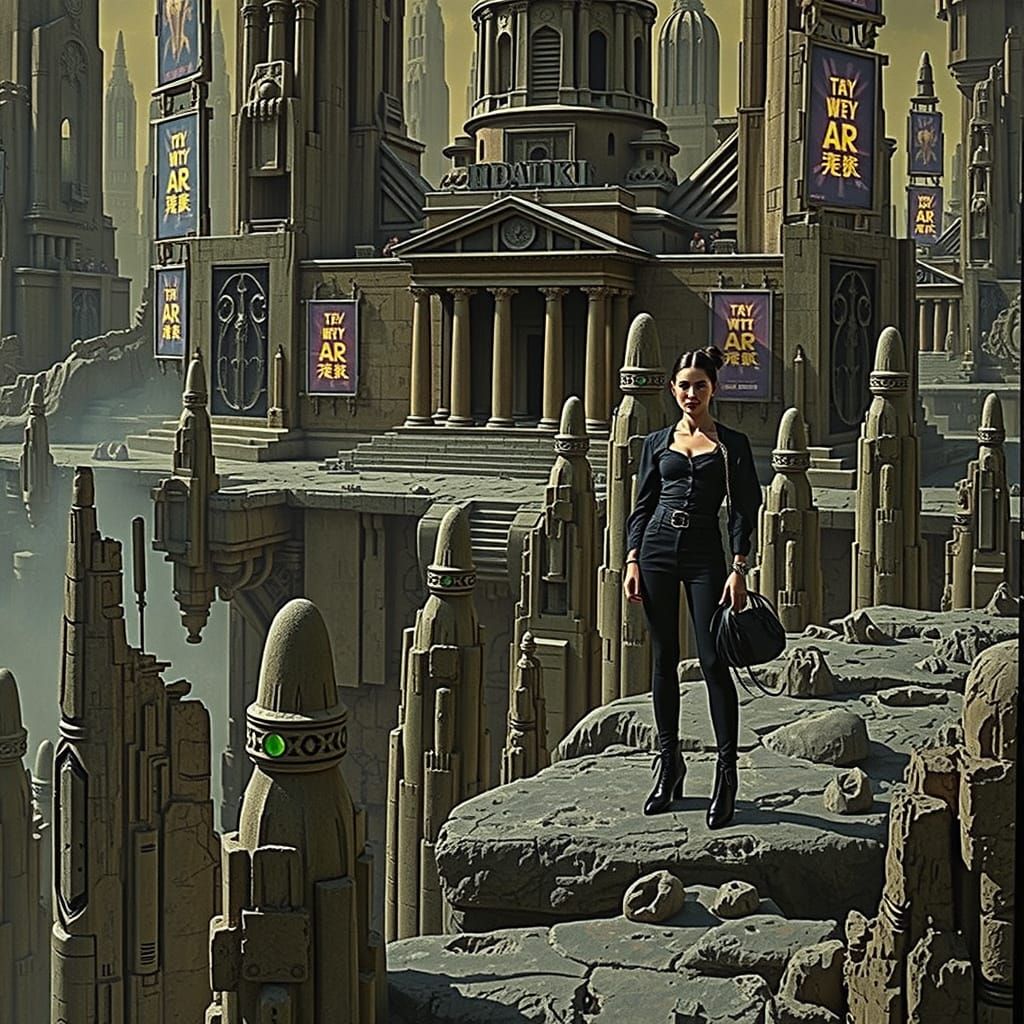 Goth Model Amidst Ancient Futuristic Limestone Towers