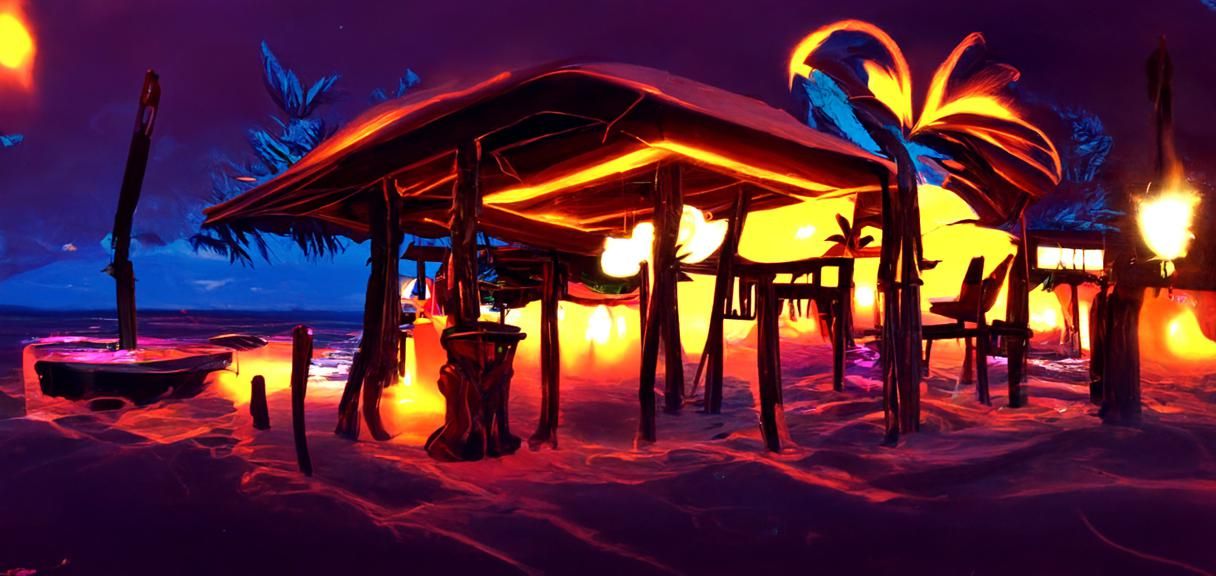 Lively Hawaiian Tiki Bar Beach Cafe at Night