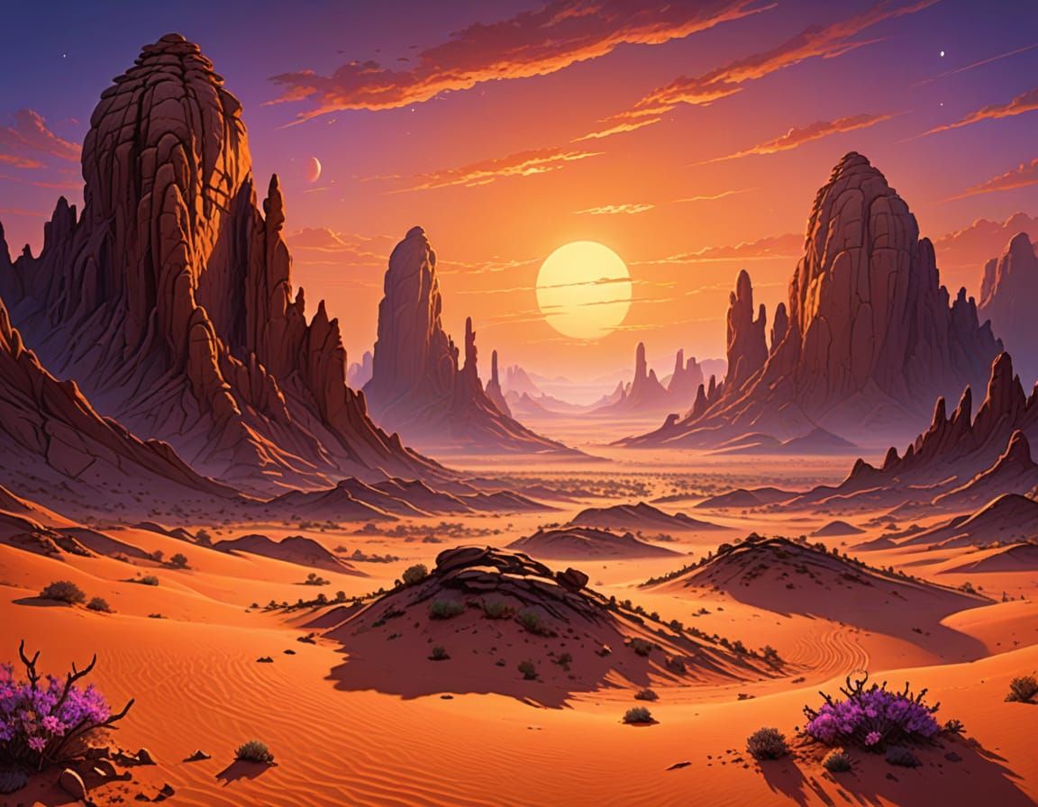 Alien Desert Landscape Under Double Sunset