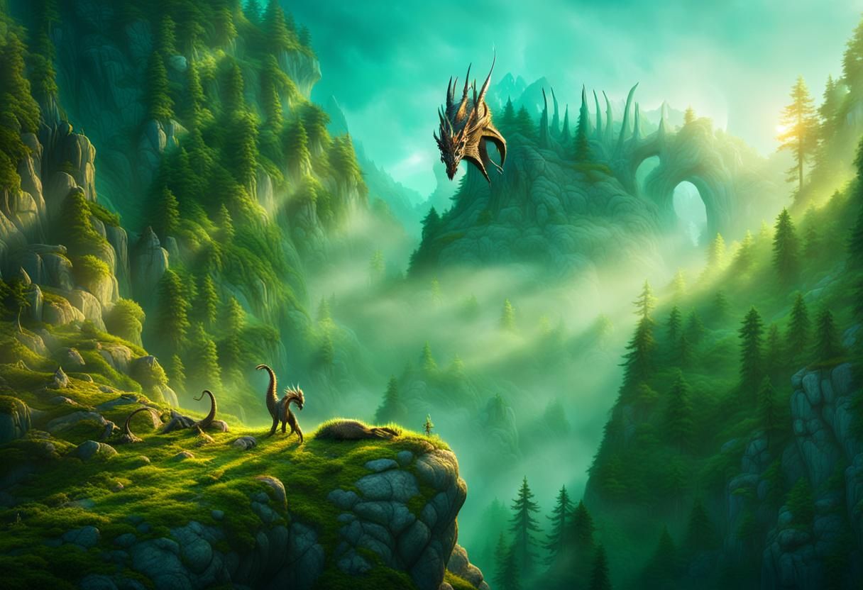 Dragon Overlooks Mystical Forest in Hyper-Realistic Art