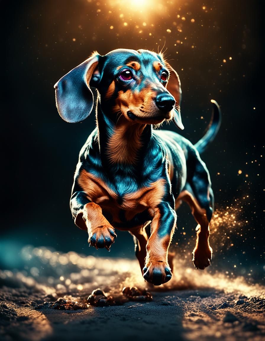 Epic Glowing Dachshund Running Forward, Photorealistic Rende...