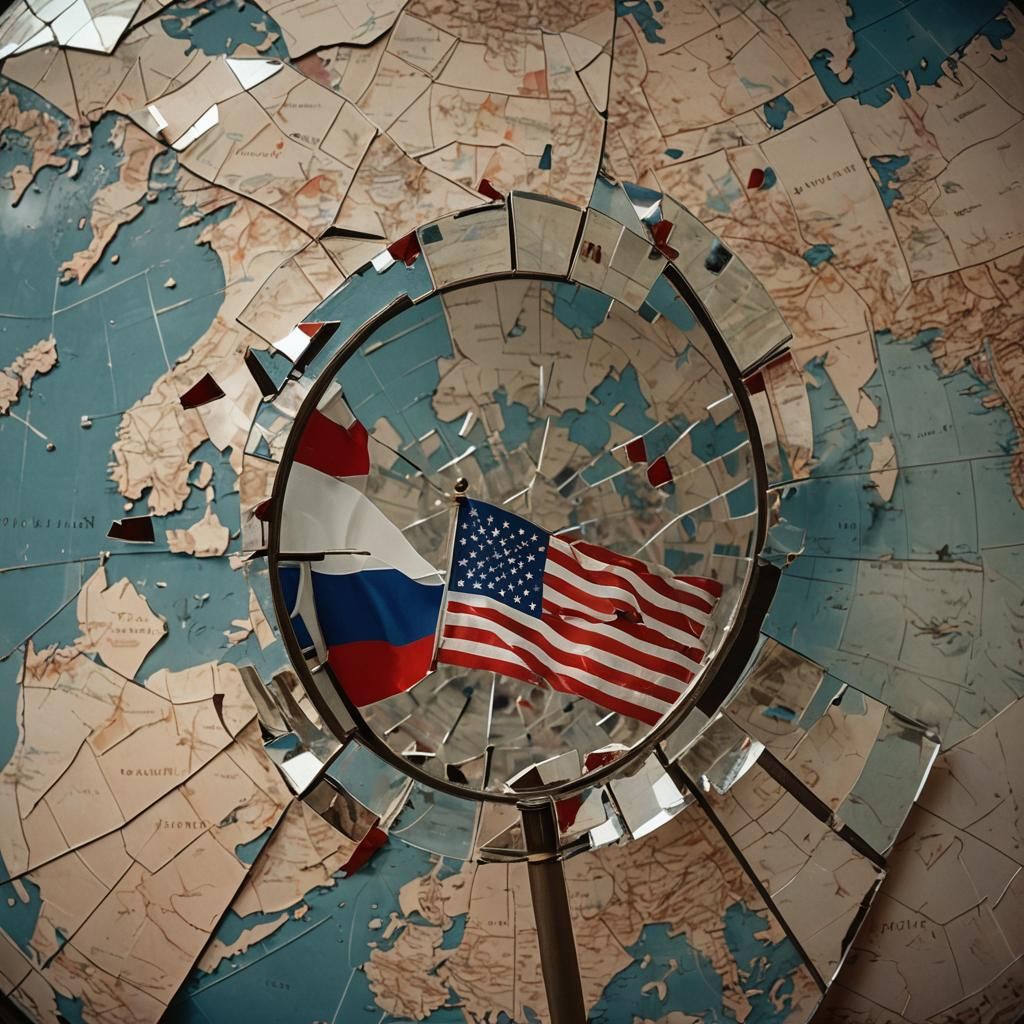 Shattered Flags Reflecting Divided World, Cinematic Still