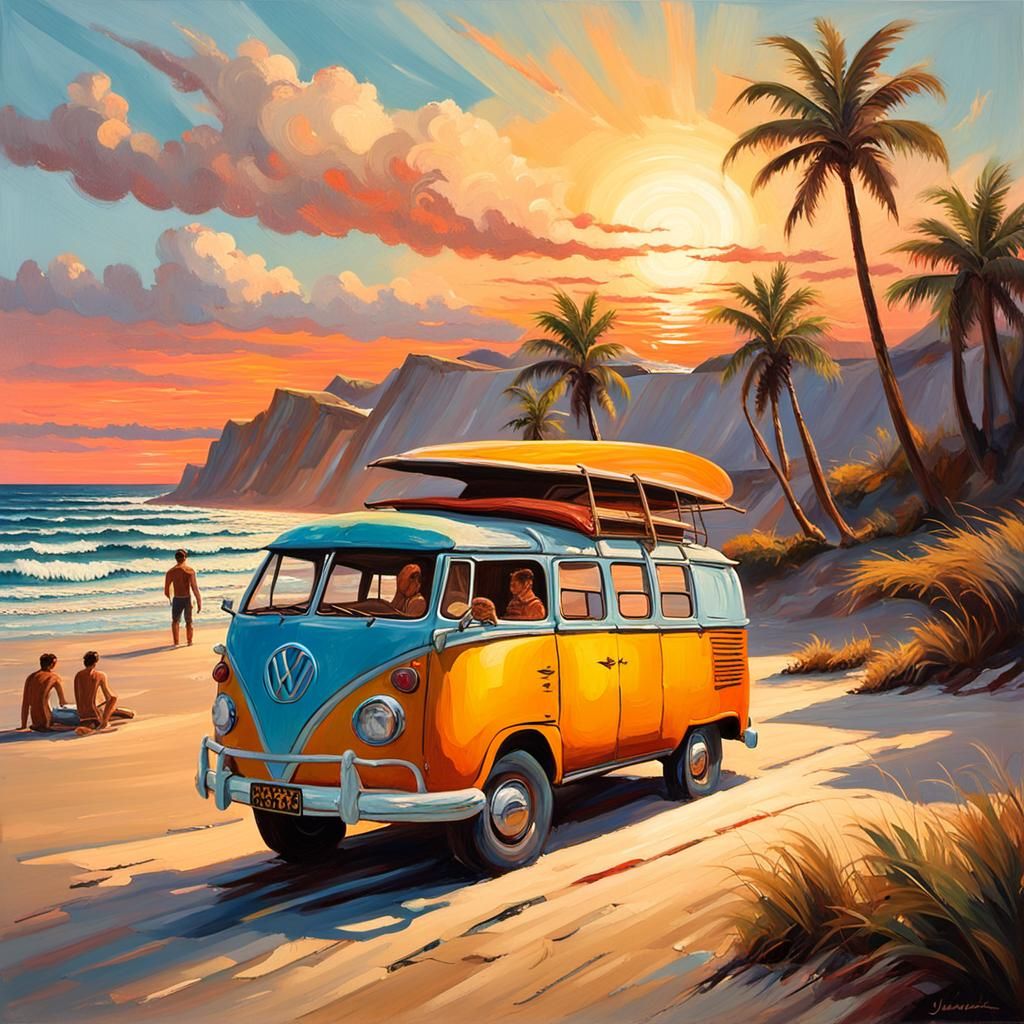 1950s VW Bus Surfs Sunset Beach in Retro Americana Oil Paint...