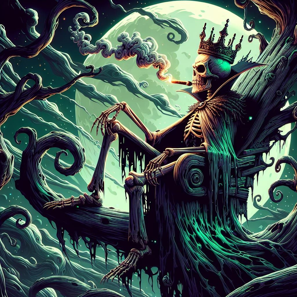 Skeleton King on Gnarled Branch in Ethereal Moonlight