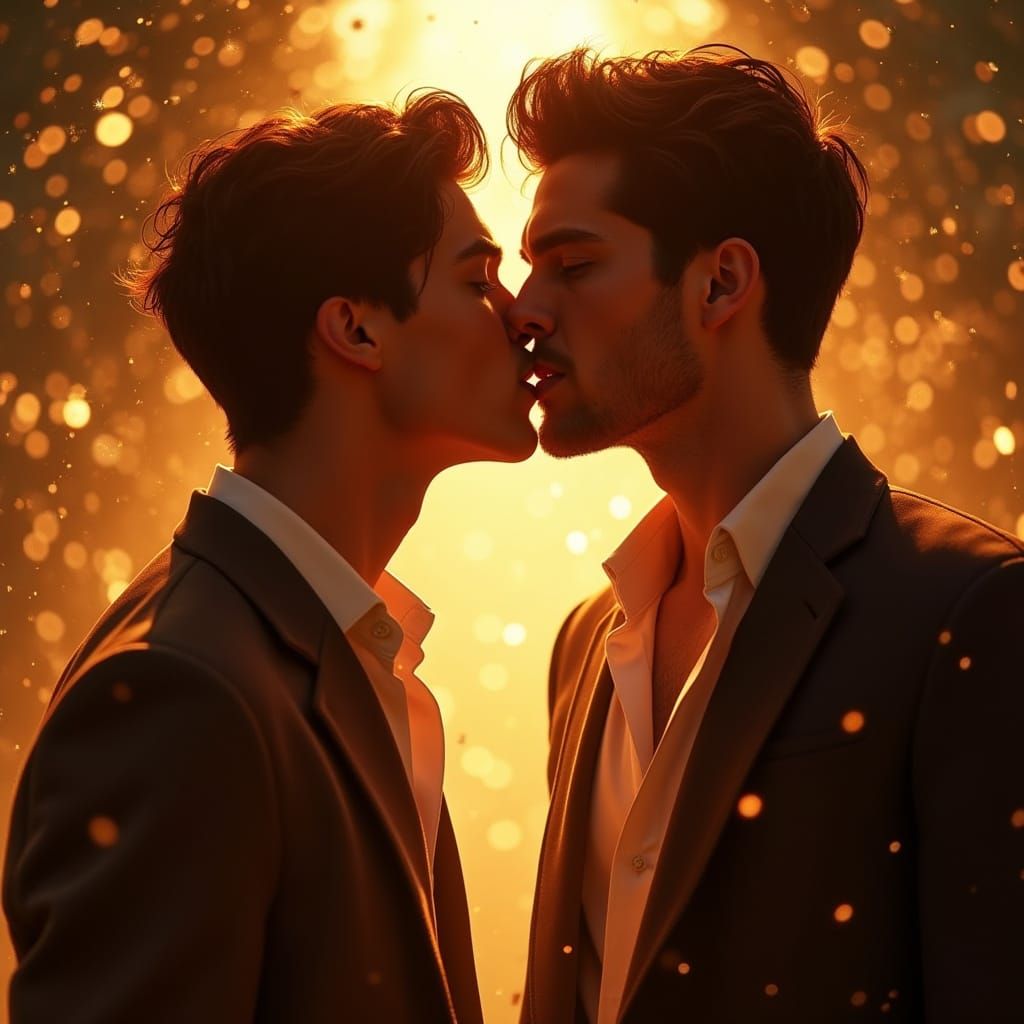 Passionate Kiss Between Twin Brothers in Digital Art Style