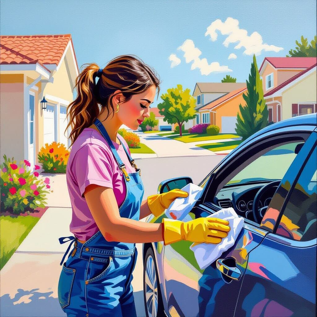 Woman Cleans Car in Sunny Suburb: Hockney Style