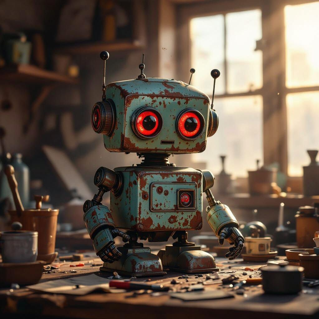 Nostalgic Toy Robot Cleans Workshop in Oil Realism