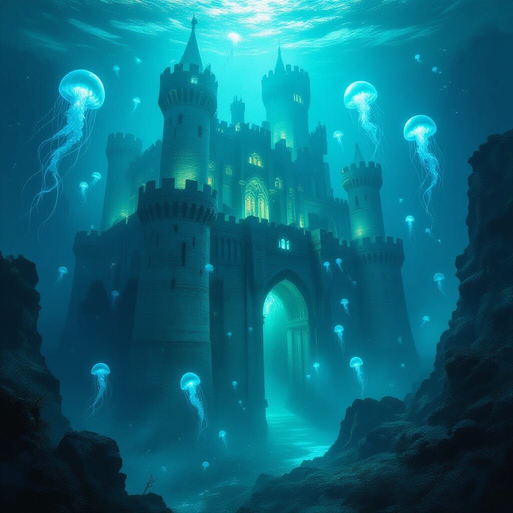 Ancient Castle Submerged in Bioluminescent Alien Ocean