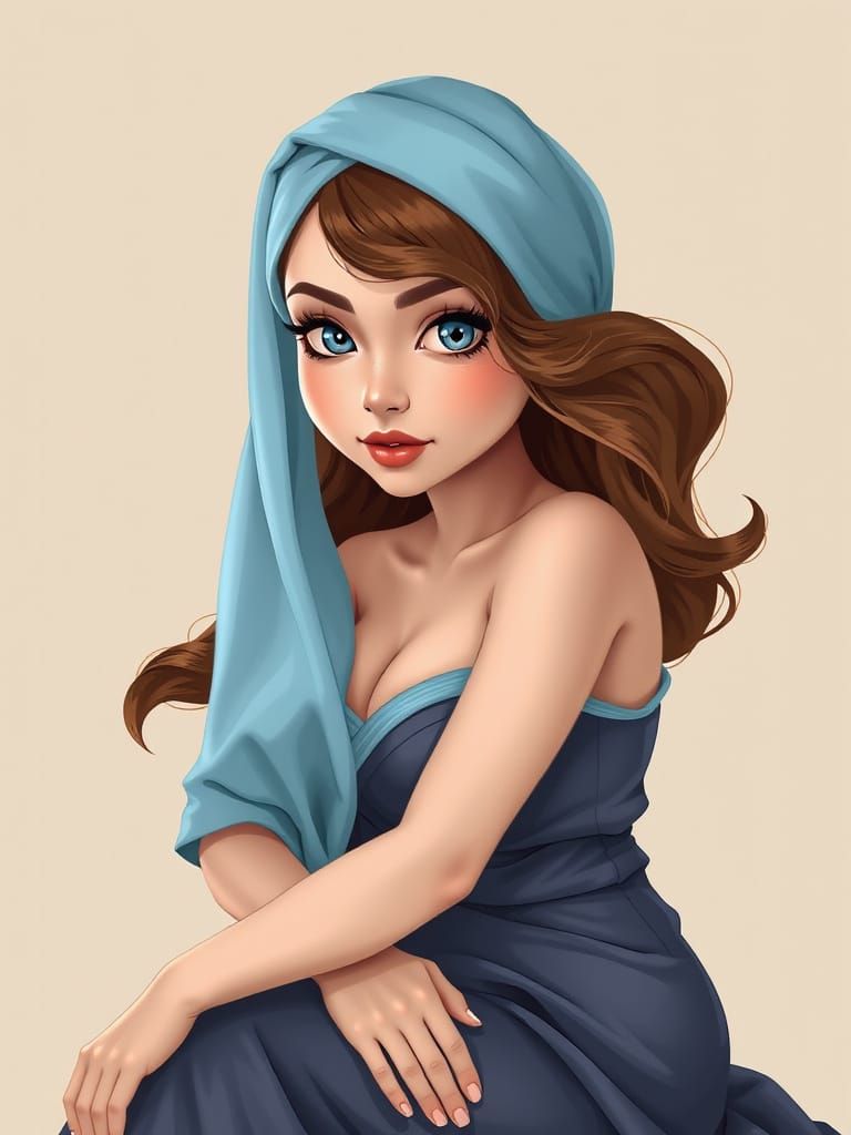 Voluptuous Woman with Blue Headscarf in Cartoon Style