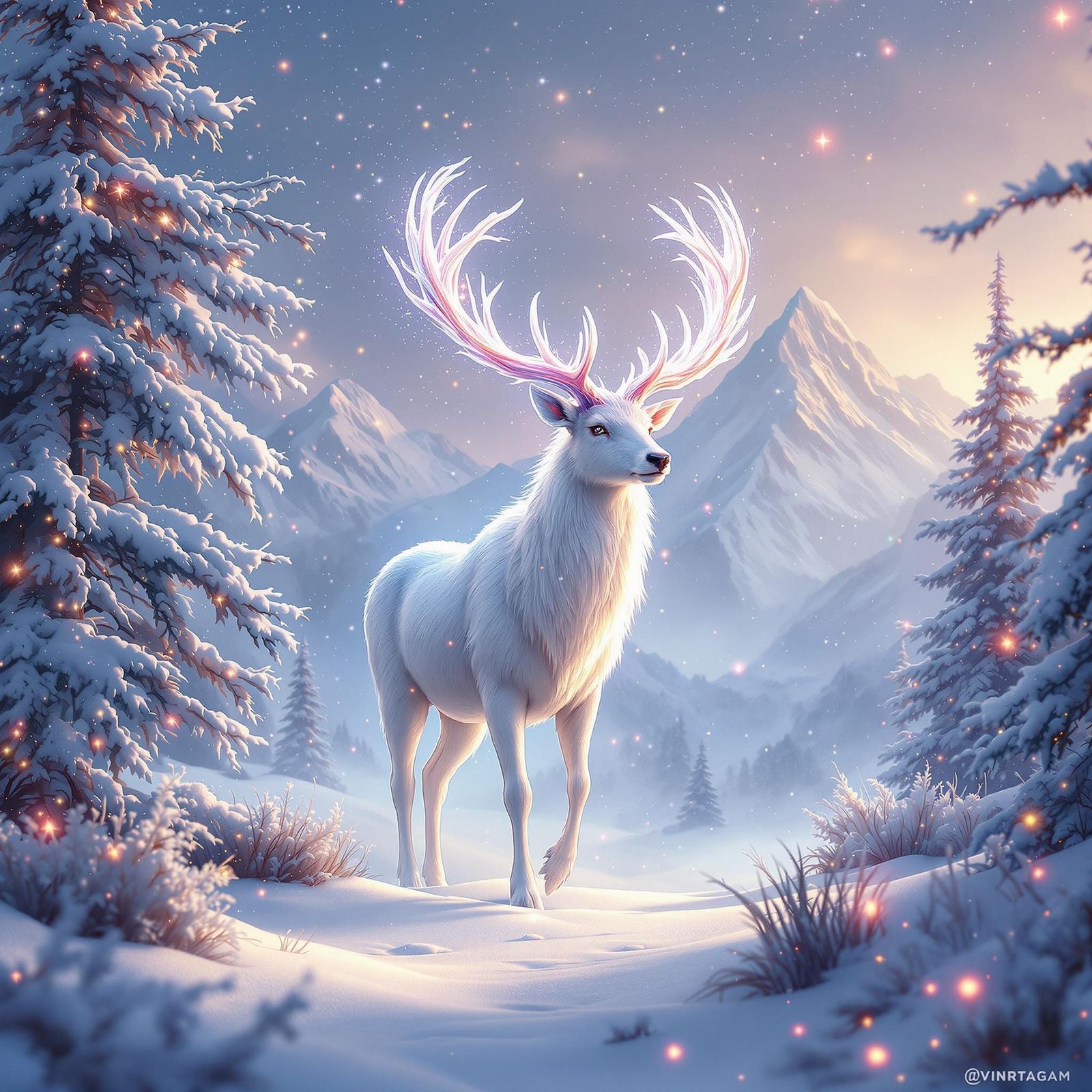 Majestic White Stag Approaches Through Winter Landscape in E...