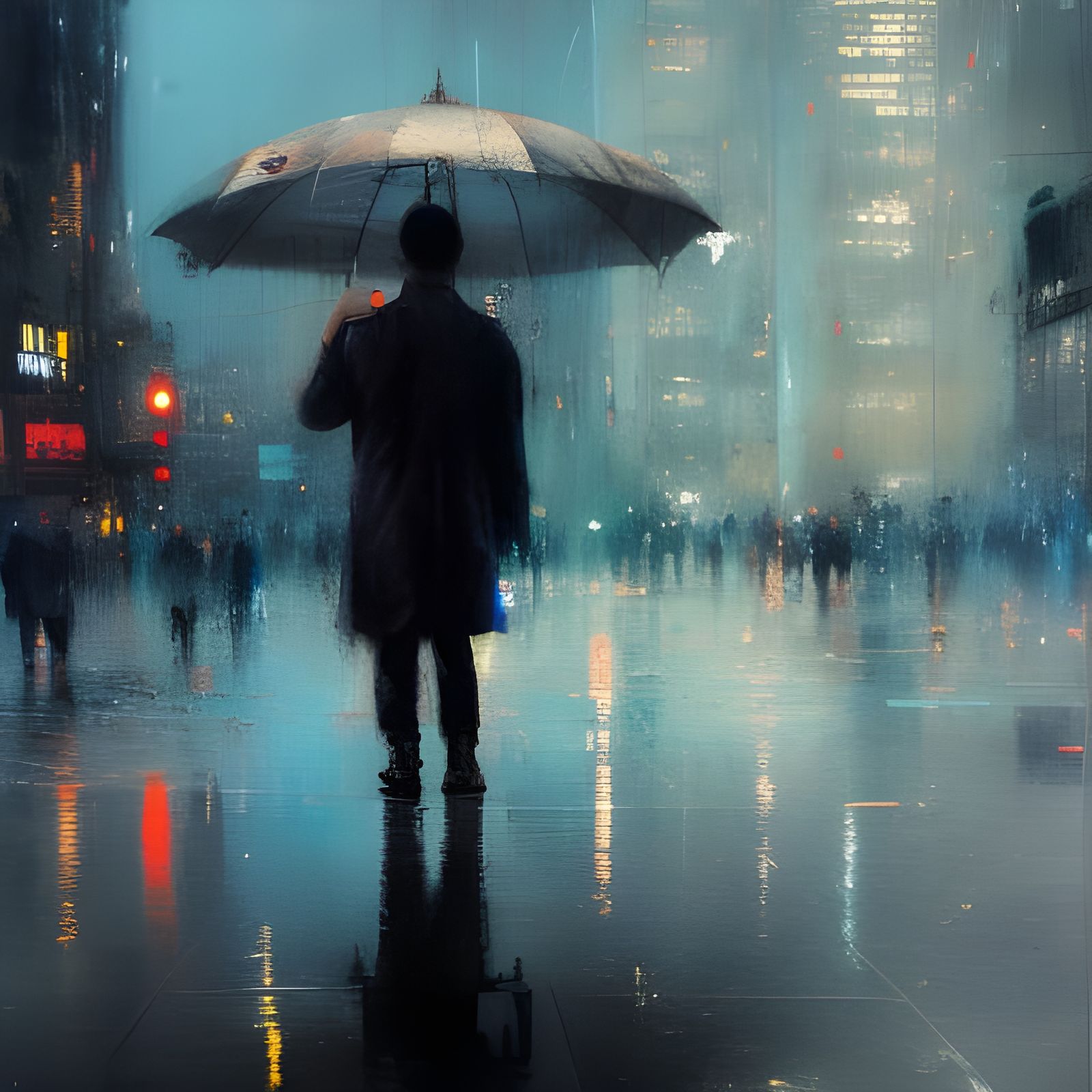 Rainy City Reflections: Sinister Oil Painting