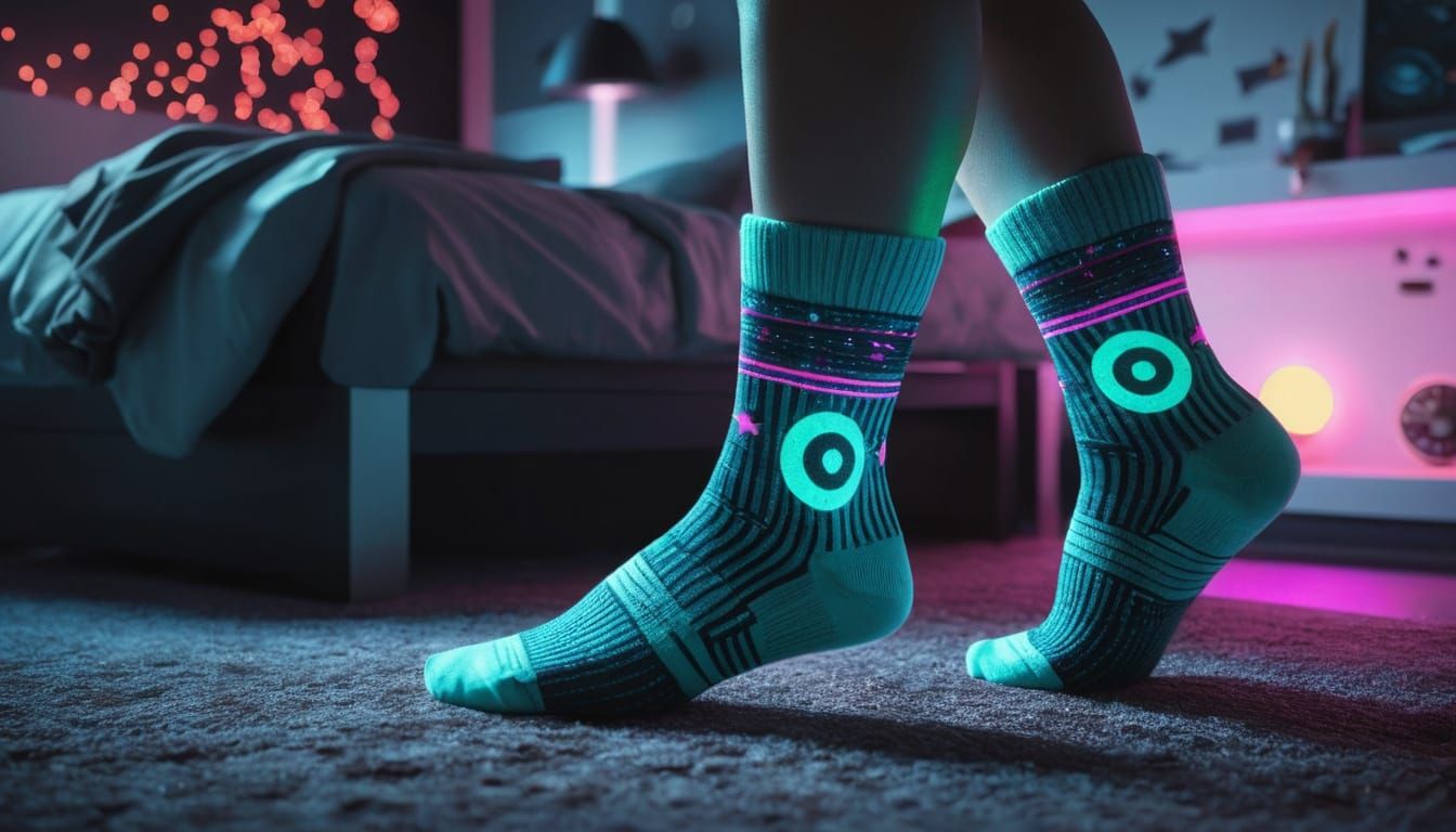 Vivid Retro-Futuristic Alien Socks on Cozy Carpet